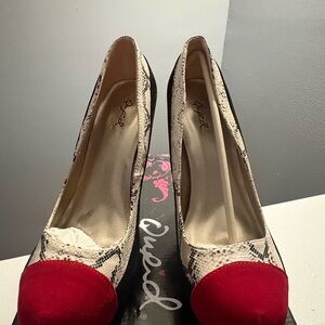 Qupid Red and Black Snakeskin Heels